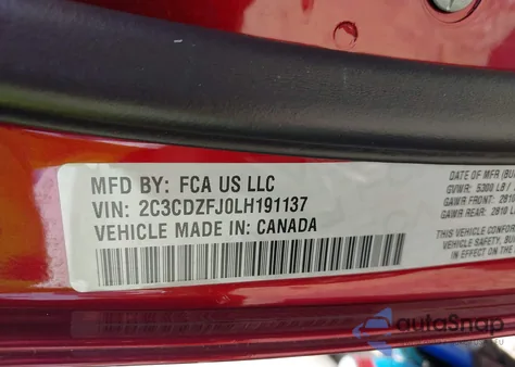 2020 Dodge Challenger R/T Scat Pack z USA, uszkodzony, nr VIN 2C3CDZFJ0LH191137